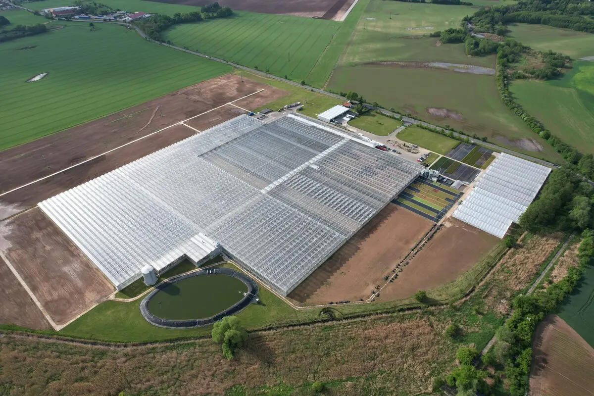 Vista aérea de silos e complexo agrícola cercado por plantações