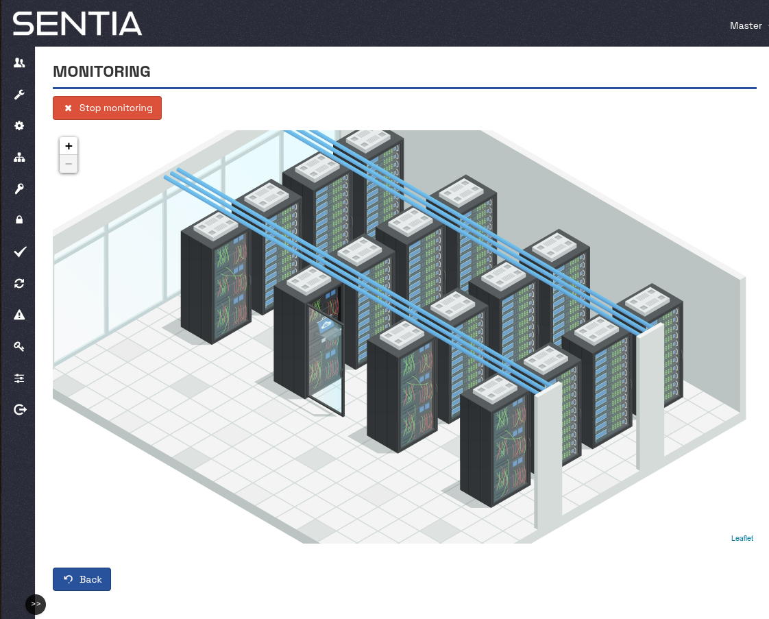 Painel de monitoramento Sentia mostrando um datacenter em visão isométrica