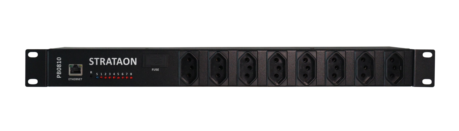 Módulo smartPDU de tomadas gerenciáveis da Strataon, vista frontal